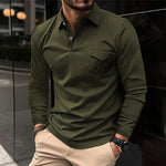 Casual long sleeve polo shirt for men in olive green, featuring a loose fit and asymmetric design, perfect for sporty style.
