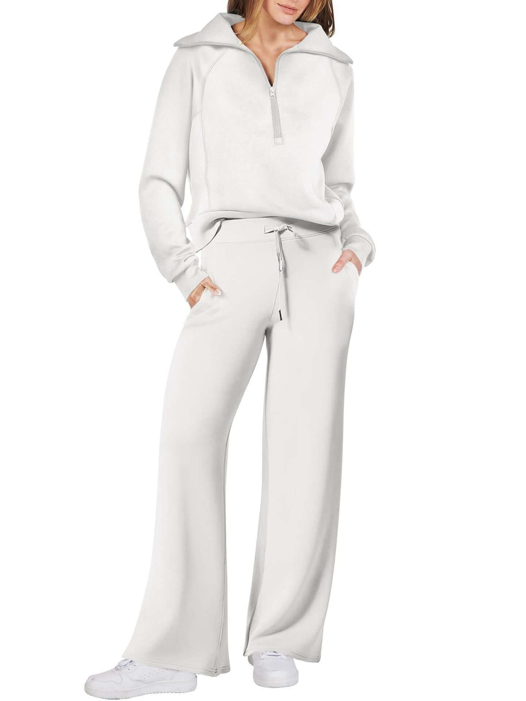 Women’s sports suit with wide-leg pants in white, featuring a zip-up top and comfortable fit for workouts and lounging.