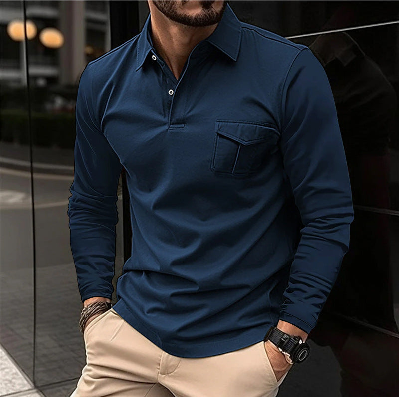 Denim blue casual long sleeve polo shirt

