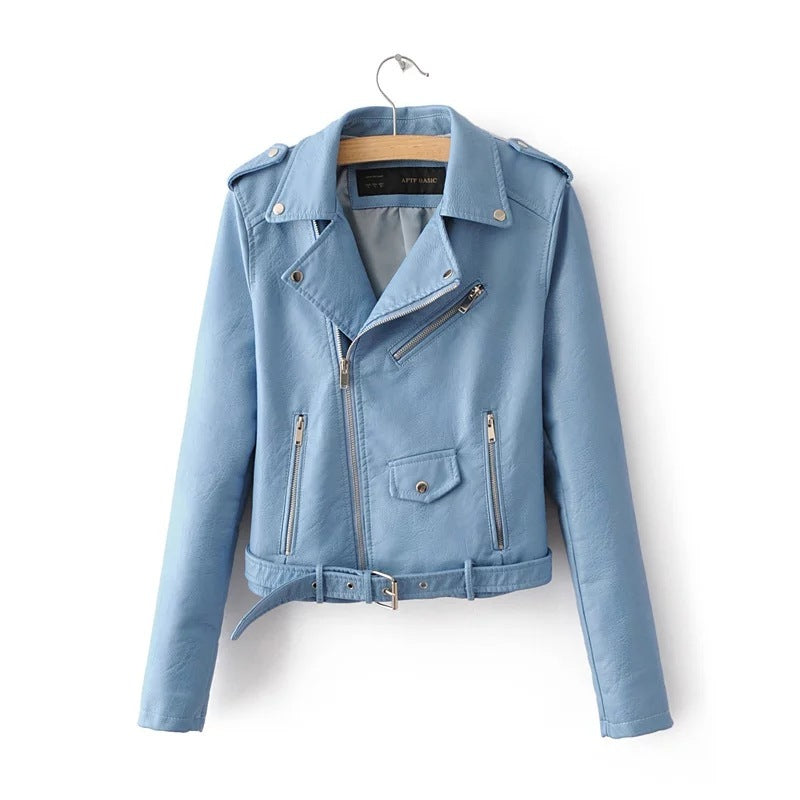 Blue Jacket Stylish Loose Fit Faux Leather Jacket for Women
