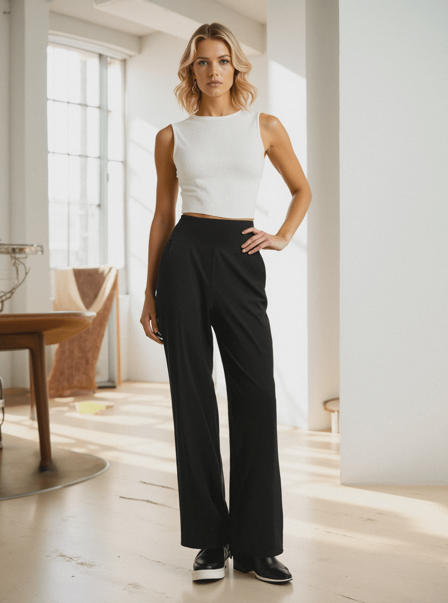 VexoFinds Women's moisture-wicking wide-leg pants worn by a model in a stylish indoor setting.