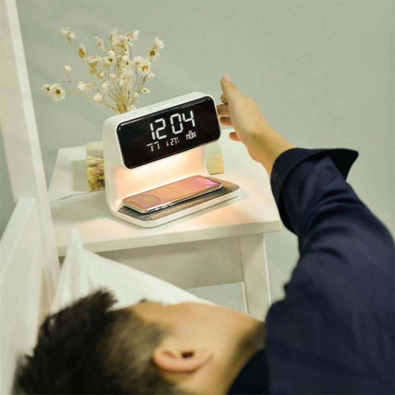 Creative 3 In 1 Bedside Lamp Wireless Charging LCD Screen Alarm Clock  Wireless Phone Charger | VexoFinds