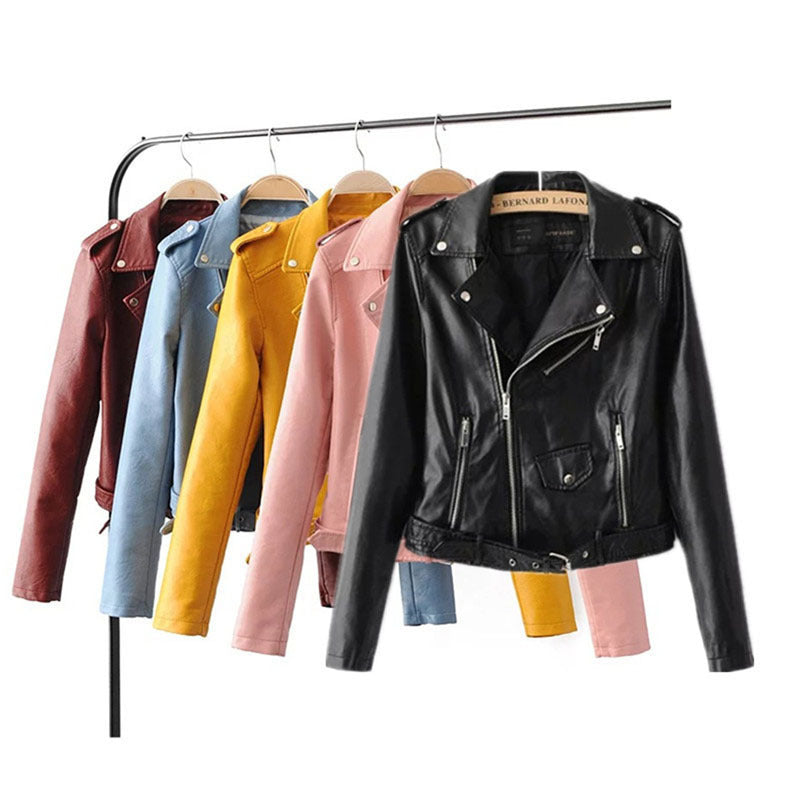 Korean style faux leather jacket collection featuring vibrant colors like yellow, wine red, pink, and blue.