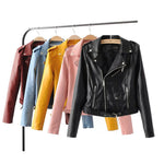 Korean style faux leather jacket collection featuring vibrant colors like yellow, wine red, pink, and blue.