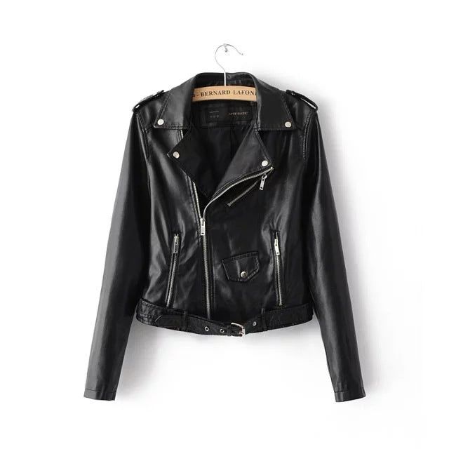 Autumn Winter Women’s Faux Leather Jacket – Korean style faux leather jacket in black with zipper front and loose fit.