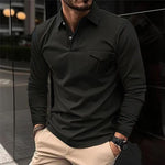 Casual long sleeve polo shirt for men in black, featuring a loose fit and asymmetric design by VexoFinds.