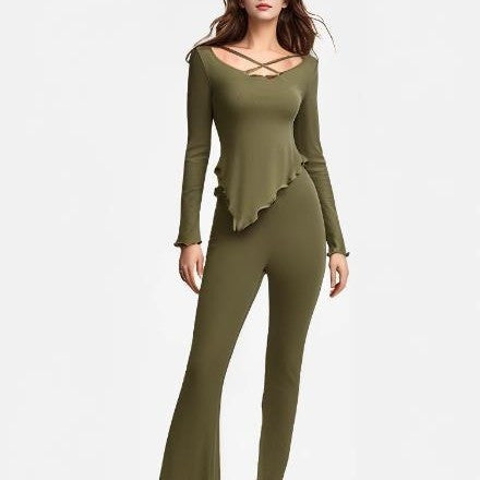 Solid color pajama set featuring a stylish long-sleeve top and matching pants in olive green.