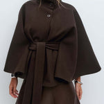 Winter High Neck Batwing Sleeve Coat with Belt – Elegant Loose Trench Jacket for Women | VexoFinds