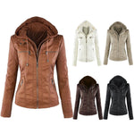 Women’s faux leather jacket collection featuring multiple colors and a stylish hooded design.