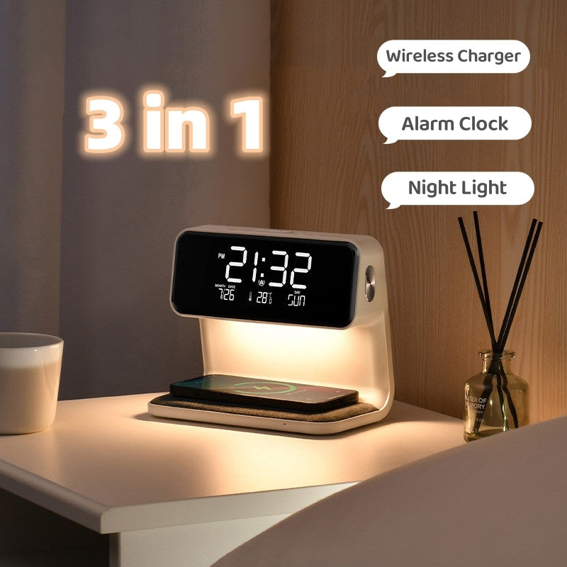 Creative 3 In 1 Bedside Lamp Wireless Charging LCD Screen Alarm Clock  Wireless Phone Charger | VexoFinds
