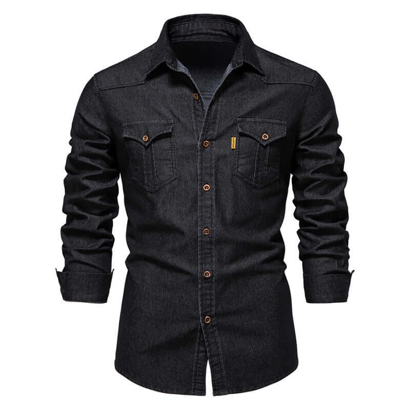Black denim shirt with long sleeves on a white background