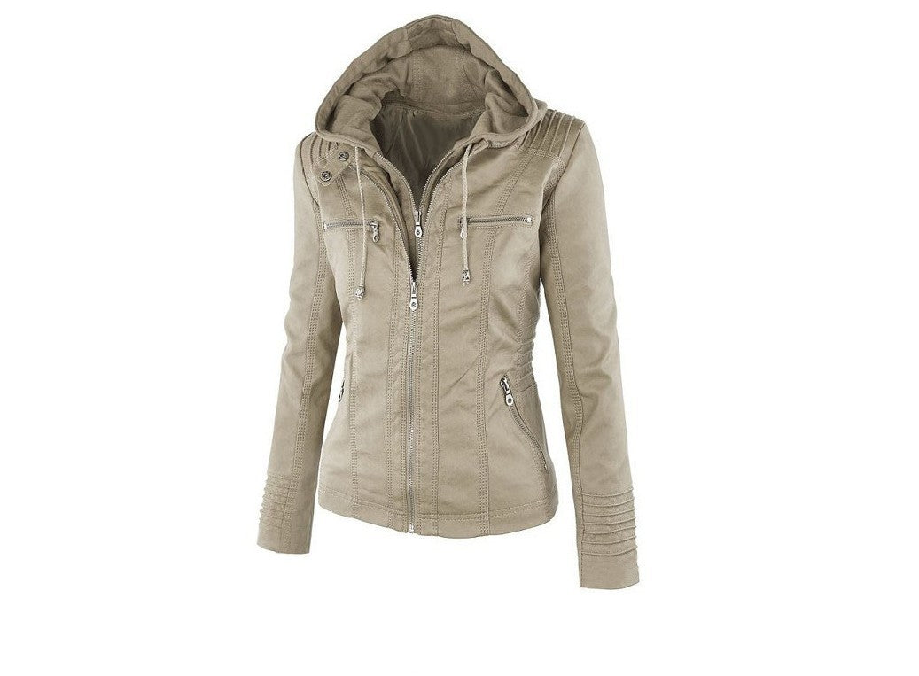 Women’s faux leather jacket with hood, zipper front, and stylish design for casual and office wear.