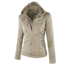 Women’s faux leather jacket with hood, zipper front, and stylish design for casual and office wear.