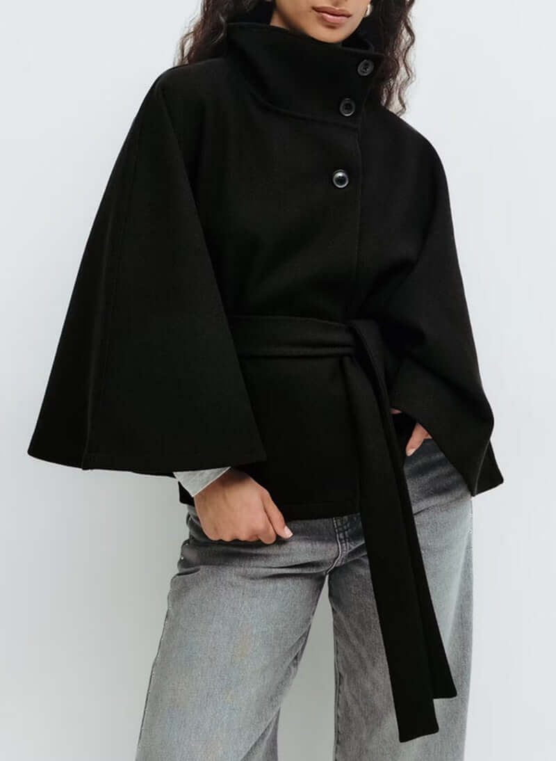 Winter High Neck Batwing Sleeve Coat with Belt – Elegant Loose Trench Jacket for Women | VexoFinds