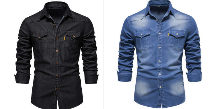 Black and blue denim shirts side by side on a white background