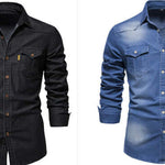 Black and blue denim shirts side by side on a white background