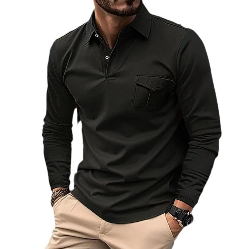 Casual long sleeve polo shirt for men in black with a pocket and asymmetric design by VexoFinds.