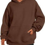 Brown hoodie worn by a person on a white background