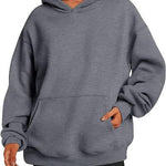 Gray hoodie worn by a person on a white background