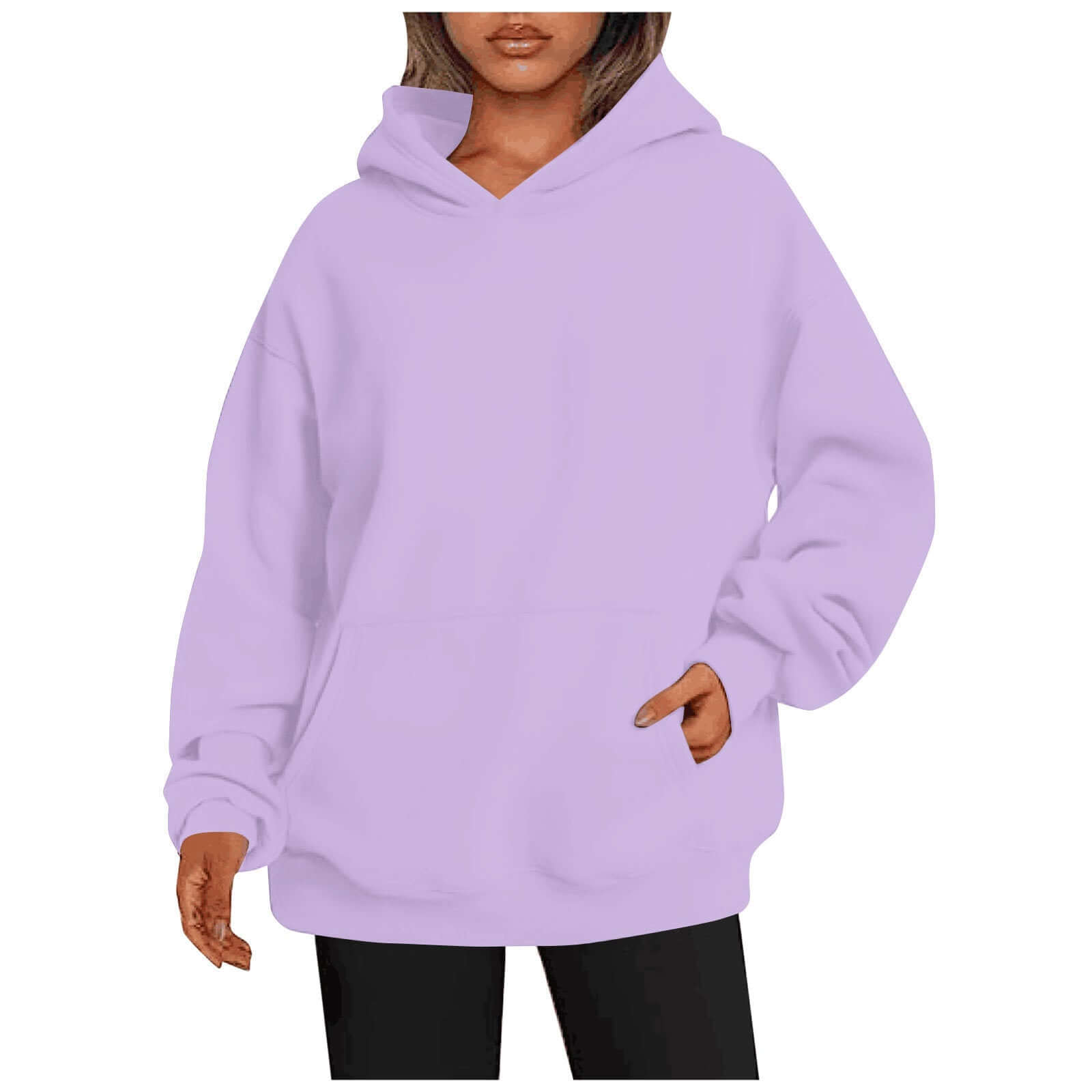 Person wearing a light purple hoodie on a white background