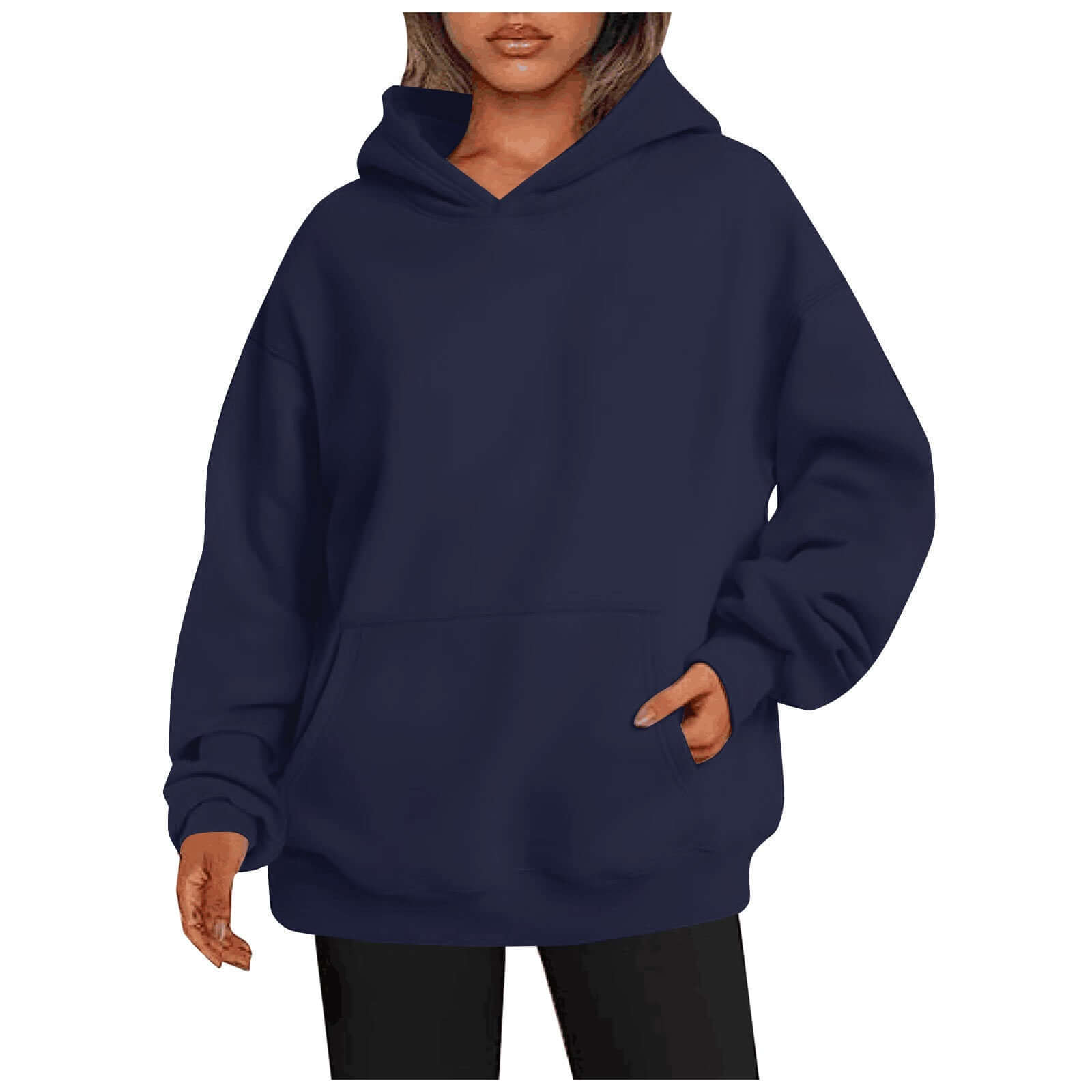 Navy blue hoodie worn by a person on a white background