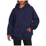 Navy blue hoodie worn by a person on a white background