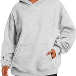 Gray hoodie worn by a person on a white background