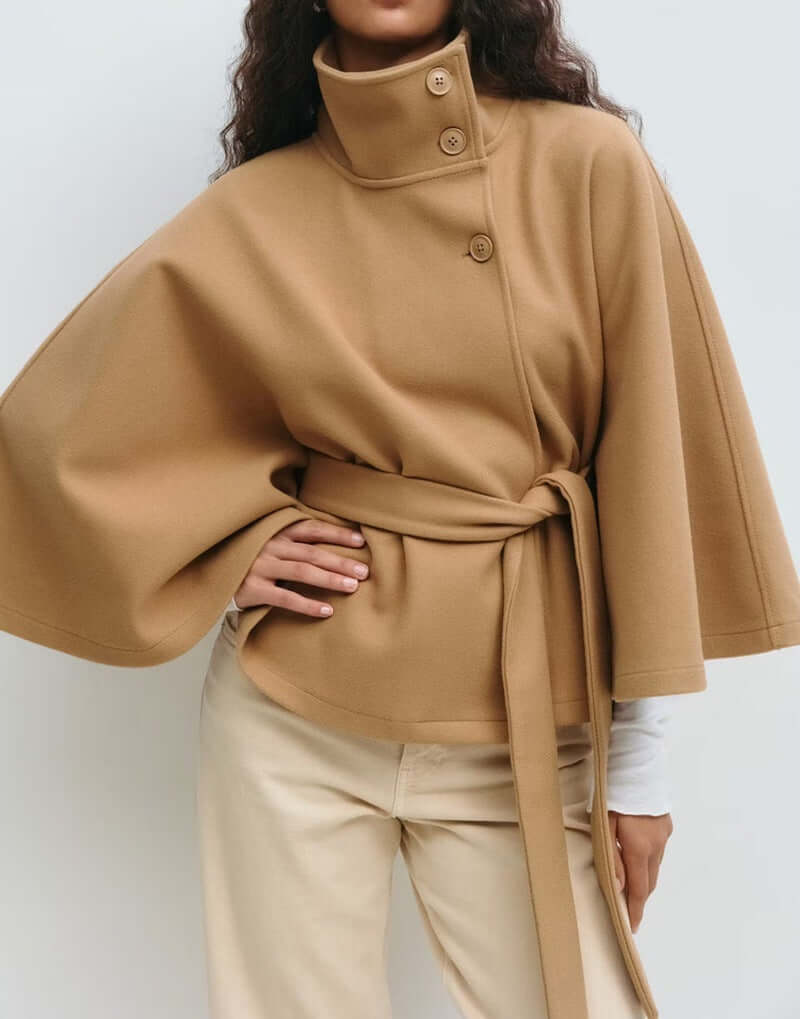 Winter High Neck Batwing Sleeve Coat with Belt – Elegant Loose Trench Jacket for Women | VexoFinds