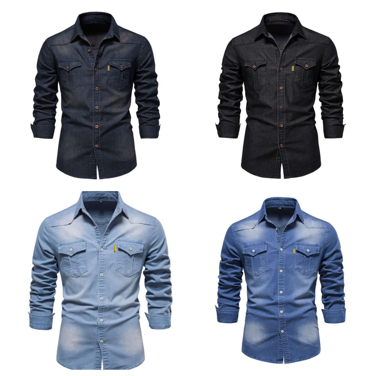 Four denim shirts in different colors on a white background