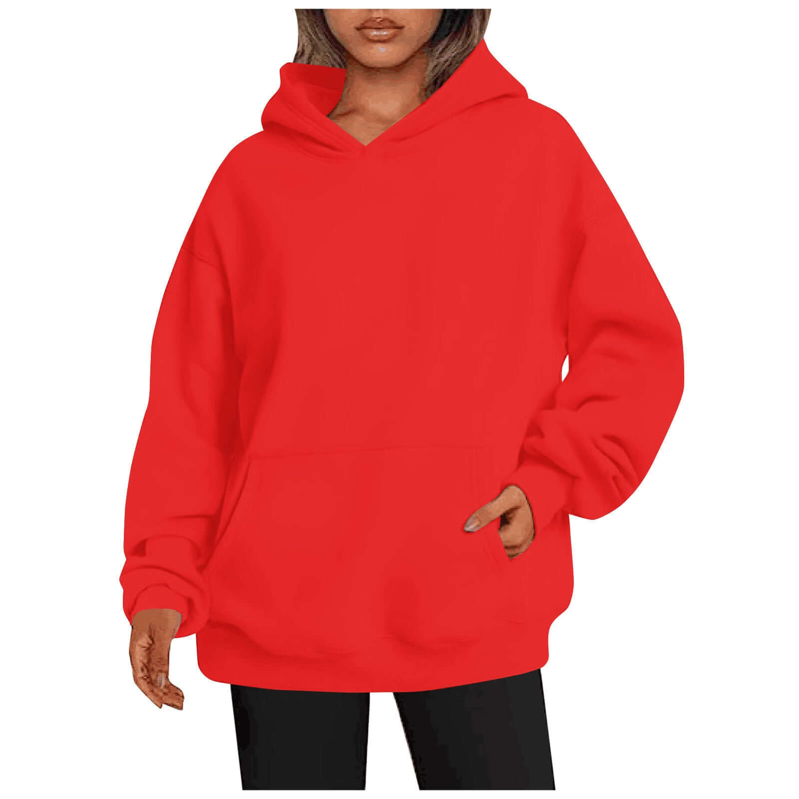 Red hoodie worn by a person on a white background