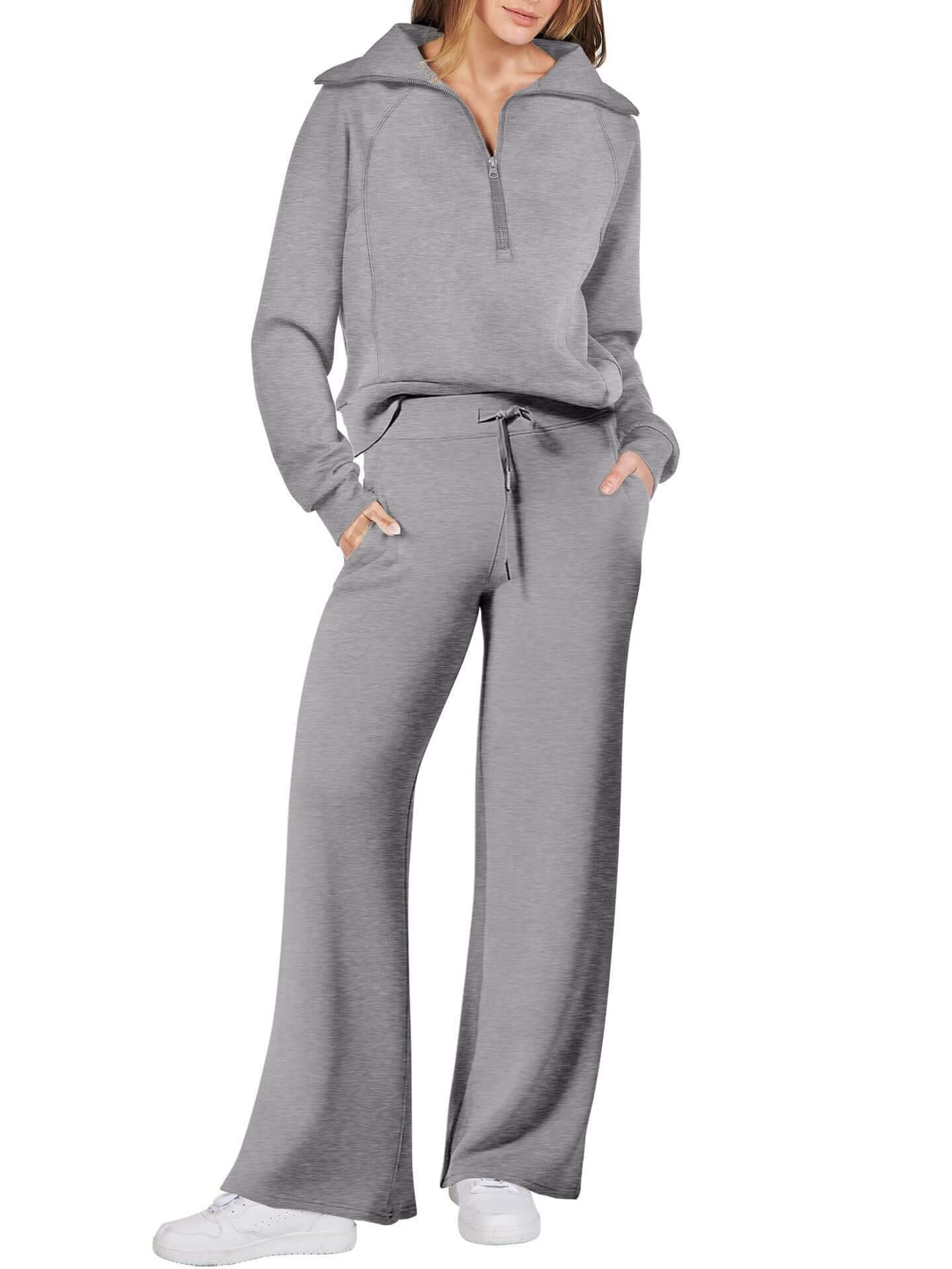Women’s sports suit with wide-leg pants in gray, featuring a relaxed-fit top and loose wide-leg pants for comfort and style.