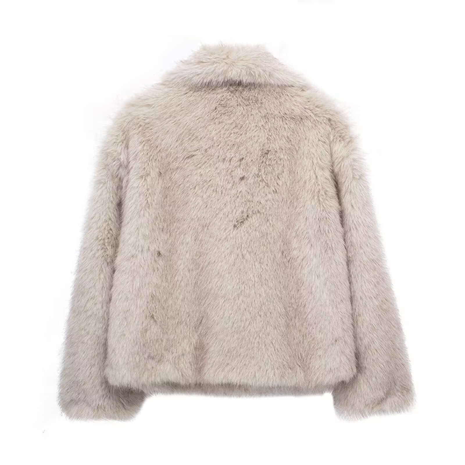 Back view of a plush winter coat for women, featuring a fluffy design and relaxed fit.