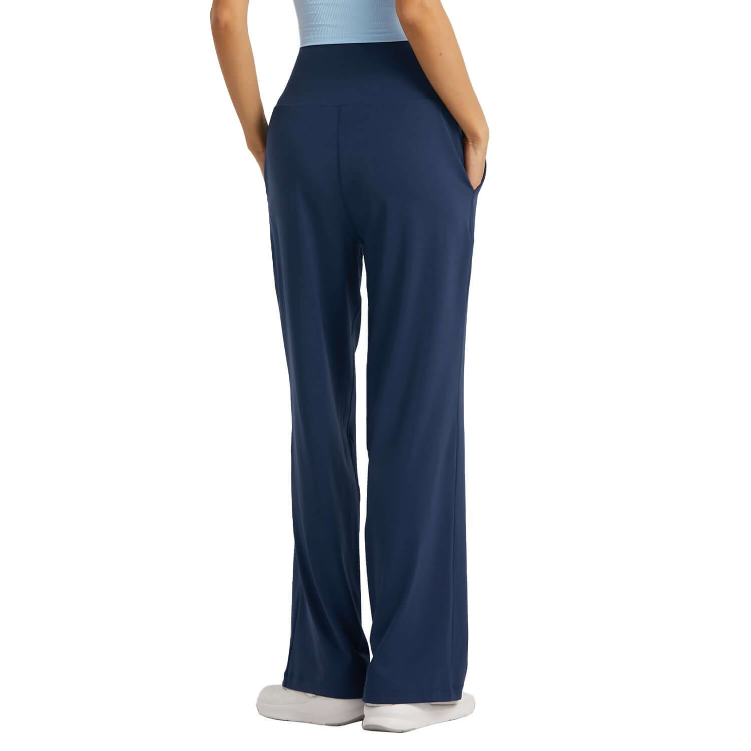 Back view of VexoFinds women’s moisture-wicking wide-leg pants in navy, showcasing the comfortable fit and wide-leg design.