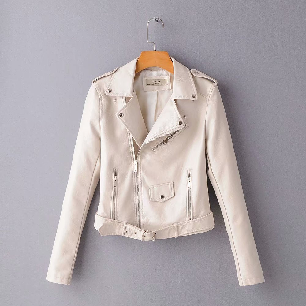 Korean style faux leather jacket in beige with zipper front and belted waist, perfect for autumn and winter fashion.