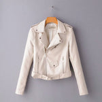 Korean style faux leather jacket in beige with zipper front and belted waist, perfect for autumn and winter fashion.