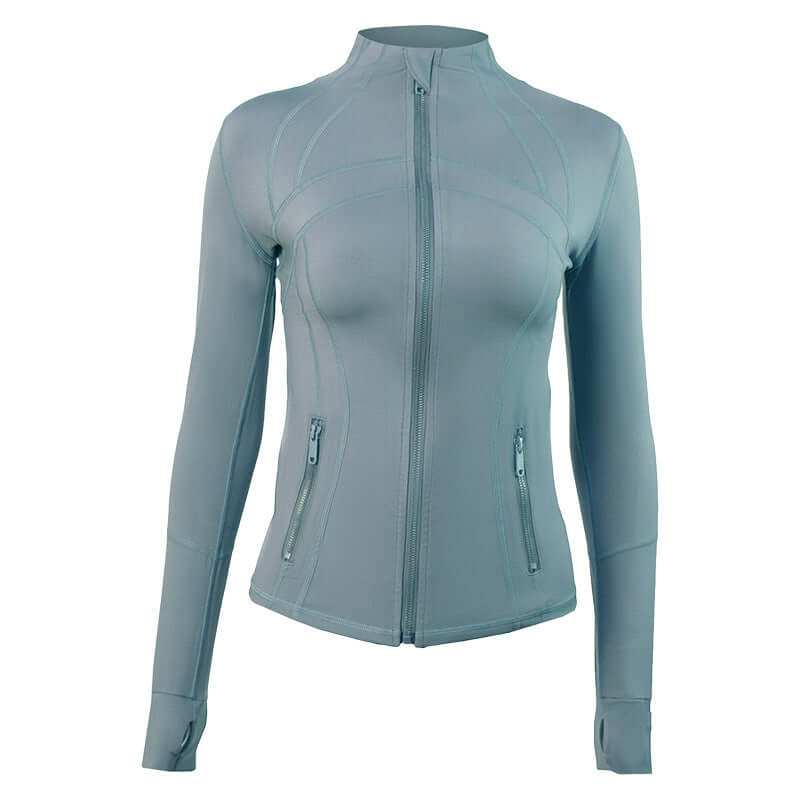 Women’s lightweight standing collar jacket in soft blue with zippered pockets and long sleeves.