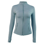 Women’s lightweight standing collar jacket in soft blue with zippered pockets and long sleeves.