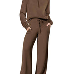 Women’s sports suit with wide-leg pants, featuring a relaxed-fit top and loose brown wide-leg pants, perfect for comfort and style.