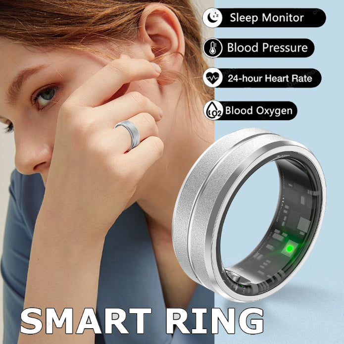 Smart fitness ring for men and women featuring sleep monitor, blood pressure, heart rate, and blood oxygen tracking.